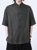Oriental Style Casual Solid Color Short Sleeve Stand Collar Shirts for Men