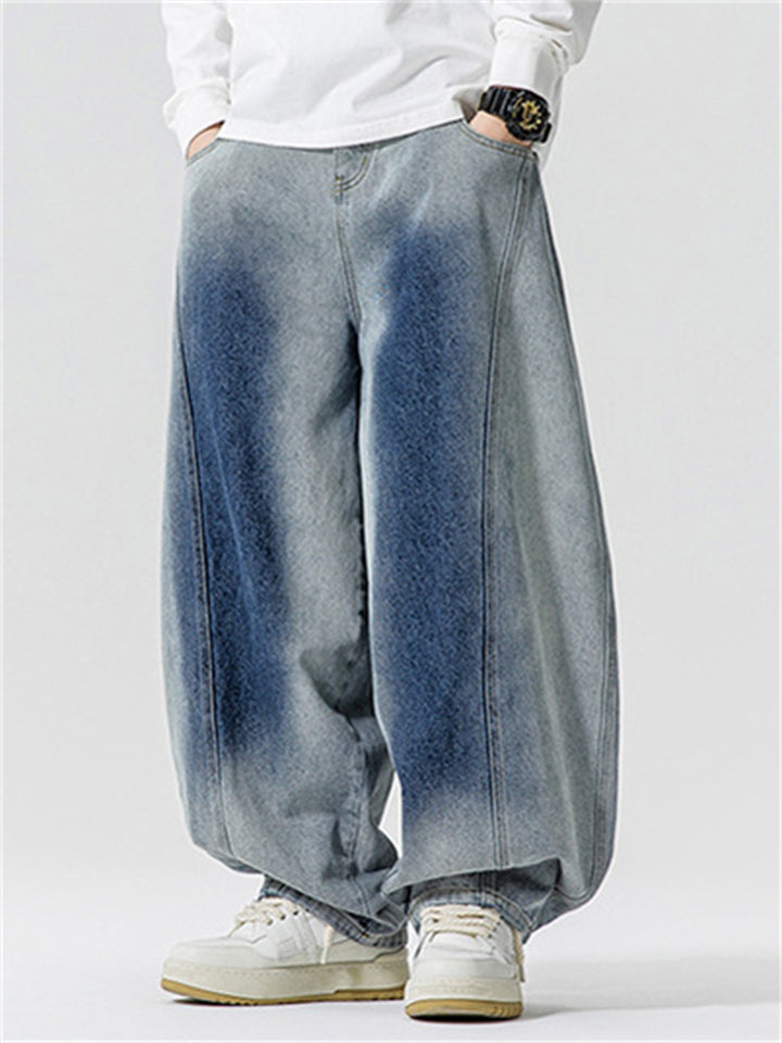 Men Vintage Washed Contrast Color Baggy Wide Leg Denim Pants