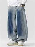 Men Vintage Washed Contrast Color Baggy Wide Leg Denim Pants