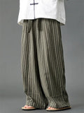 Mens Summer Vintage Chinese Zen Style Striped Wide Leg Lounge Pants