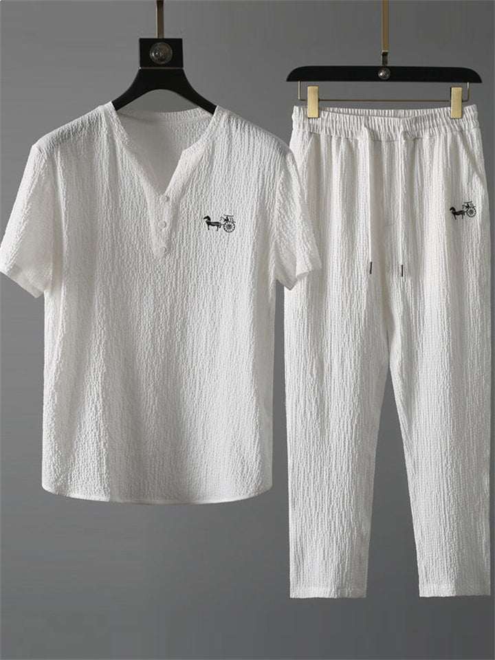 Men's 2Pcs Cool Texture Embroidered Short Sleeve Solid Color Outfits