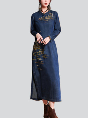 Women's Elegant High-Rise Side Slit Blue Denim Embroidery Qipao