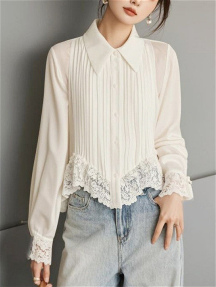 Women's White Chiffon Long Sleeve Lace Trim Shirt