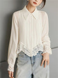 Women's White Chiffon Long Sleeve Lace Trim Shirt