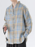 Men's Japanese Style Causal Collarless Loose Long Sleeve Plaid Shirts