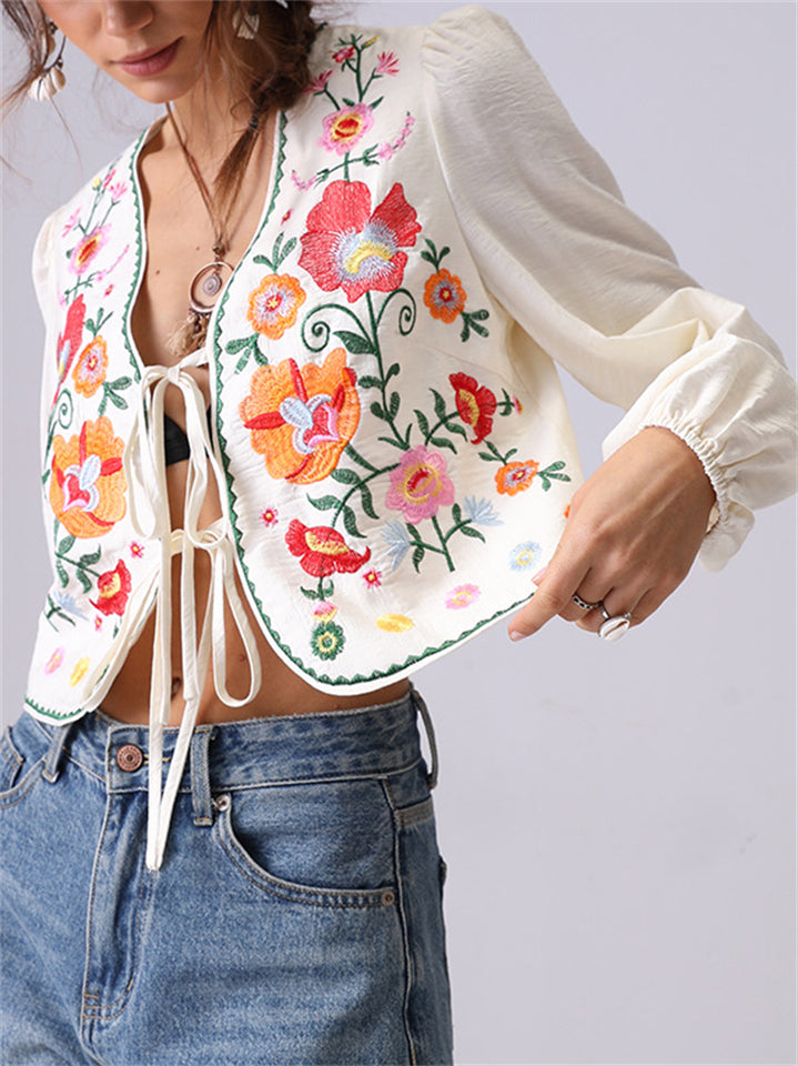 Women's French Style Flowers Embroidery Lace Up Cardigan Shirt