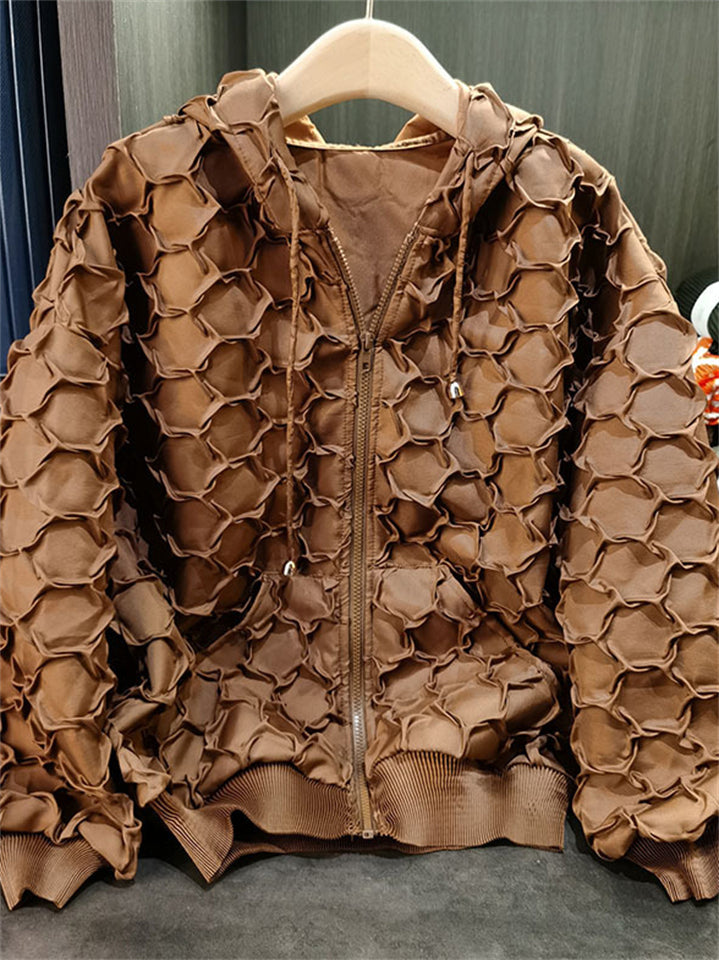 Women's Stylish Zip-Up 3D Textured Long Sleeve Hooded Jackets