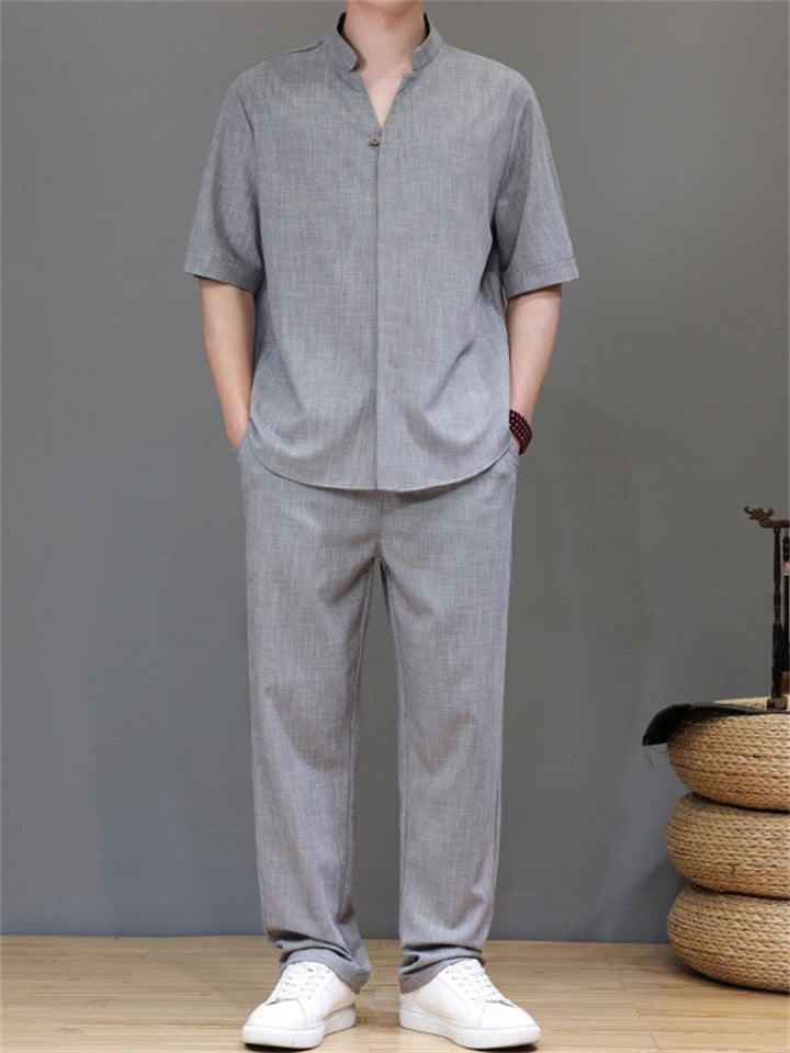 Men's 2Pcs Comfy Stand Collar V Neck Short Sleeve Solid Color Outfits