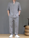 Men's 2Pcs Comfy Stand Collar V Neck Short Sleeve Solid Color Outfits