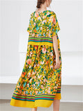 Summer Yellow Round Neck Floral Print Dress for Women
