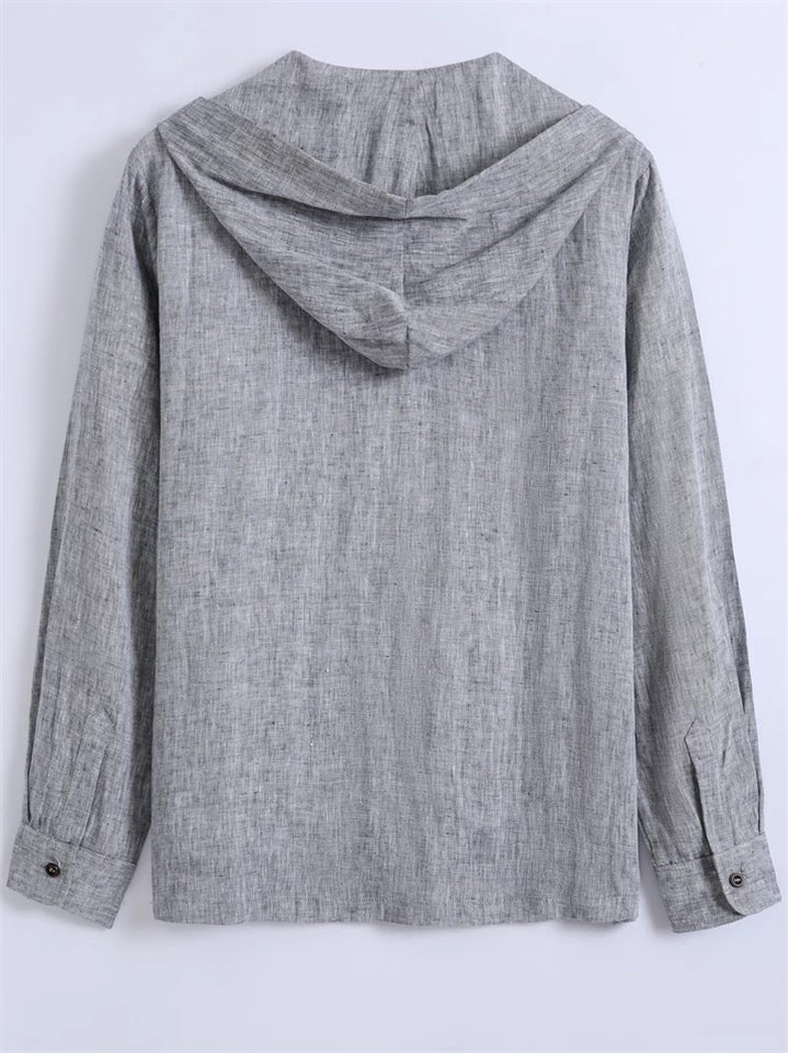 Men's Solid Color Linen Loose Long Sleeve Hooded Shirts
