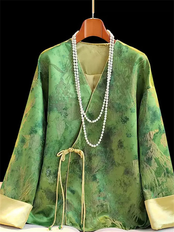 Chinses Vintage Style Loose Green V-Neck Jacquard Jacket for Women