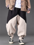 Winter Contrast Color Fleece Elastic Waist Wide Leg Jogger Pants for Men