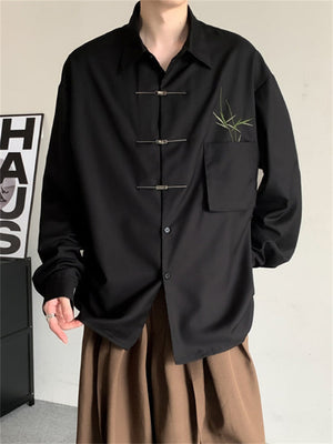 Bamboo Leaf Embroidery Metal Button Men's Vintage Shirt