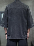 Chinese Style Retro Stand Collar Frog Button 3/4-sleeved Denim Shirt