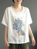 Women's Summer Retro Floral Printed Round Neck Loose Short Sleeve Shirts
