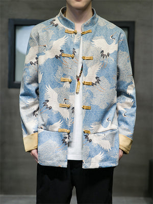 Chinese Fan Crane Printed Faux Suede Jackets for Men