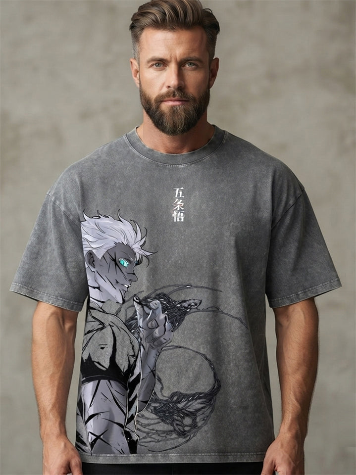 Mens Vintage Washed Anime Graphic Print Oversized T Shirt
