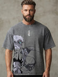 Mens Vintage Washed Anime Graphic Print Oversized T Shirt
