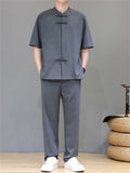 Men's 2Pcs Comfy Stand Collar Short Sleeve Solid Color TangSuit Outfits