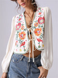 Women's French Style Flowers Embroidery Lace Up Cardigan Shirt