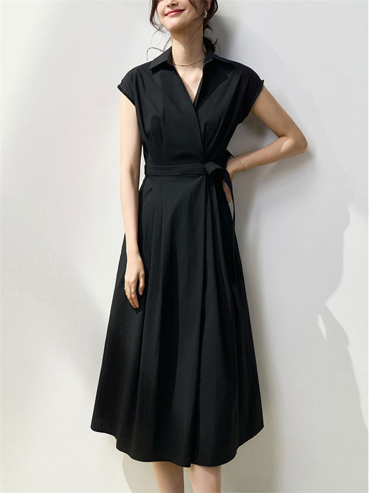 Female Summer French Style Cotton Short Sleeve Tie-Waist Midi Dress