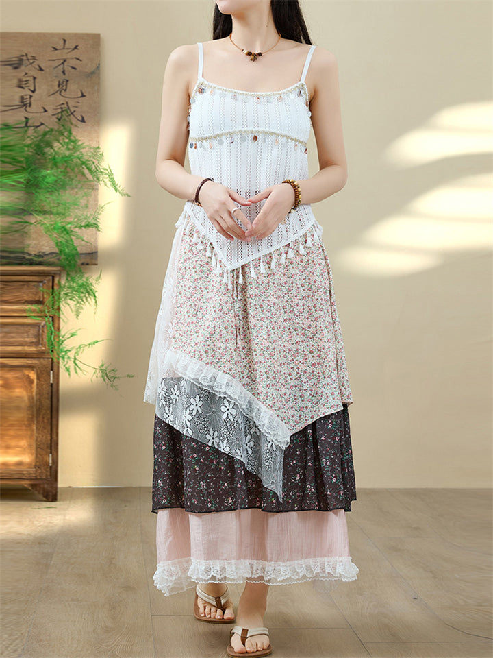 Women's White Sequin Fringe Strap Top & Patchwork Asymmetric Skirt Set