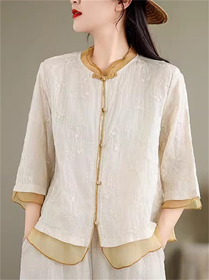 Women's Summer Retro Chinese Style Holiday Embroidery Half Sleeve Shirts