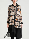 Fashion Animal Print Lapel Pleated Hem Patchwork Shirt for Women