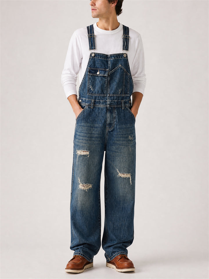 Men Blue Baggy Wide Leg Denim Overalls Distressed Carpenter Jumpsuit