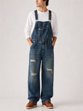 Men Blue Baggy Wide Leg Denim Overalls Distressed Carpenter Jumpsuit