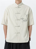 Men's Chinese Style Leaf Printed Stand Collar Short Sleeve Shirt
