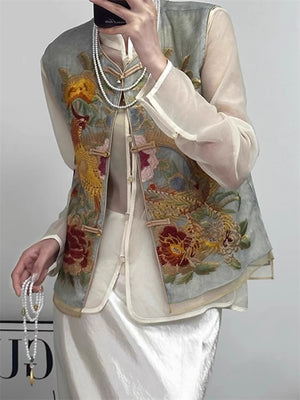 Women's Trendy Phoenix and Peony Embroidered Sleeveless Summer Vest