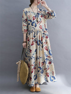 Bohemian Style Floral Print Oversized Women Holiday Long Dress