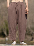 Men's Solid Color Linen Wide Leg Drawstring Cropped Pants