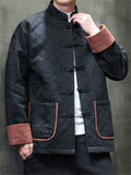 Mens Chinese Style Contrast Trim Jacquard Brocade Tang Suit Warm Coats