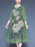 Summer Flower Print O-neck 3/4 Sleeve  A-Line Dress for Women
