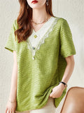 Loose Green V-Neck Texture Lace Patchwork Shirt for Women