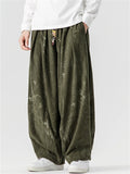 Chinese Style Loong and Phoenix Jacquard Corduroy Loose Fit Harem Pants