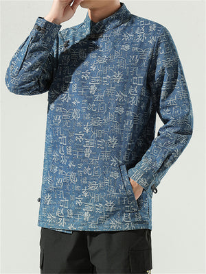 Trendy Chinese Surnames Print Blue Denim Tang Suit Jacket for Men