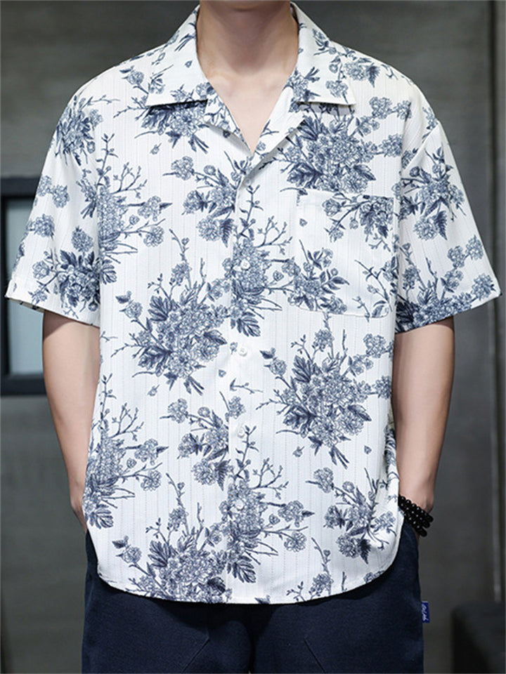 Men's Chinese Vintage Floral Print Short Sleeve Button Up Summer Shirts