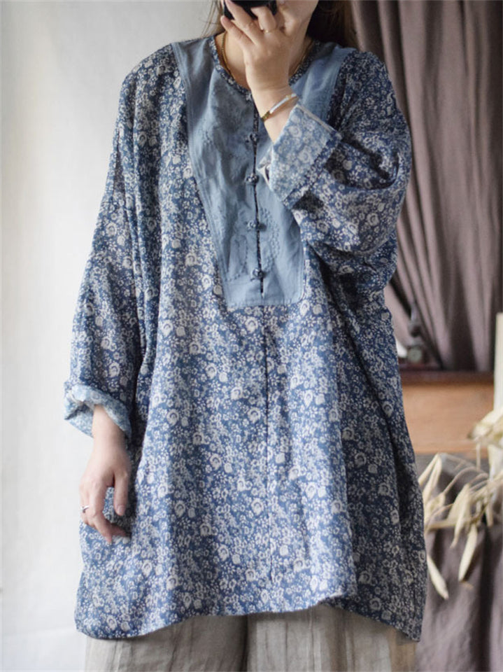 Women's Vintage O-Neck Loose Ramine Blue Patchwork Long Sleeve Shirts