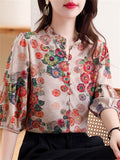 Summer Retro Elegant Floral Print Half Sleeve Shirt For Women