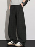 Mens Comfy Breathable Casual Plaid Loose Fit Drawstring Wide Leg Pants