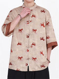 Men's Retro Horse Print Loose Fit Mandarin Collar Frog Button Shirts