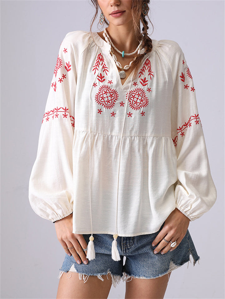 Women's French Style Embroidery V Neck Puffed Sleeve Shirt