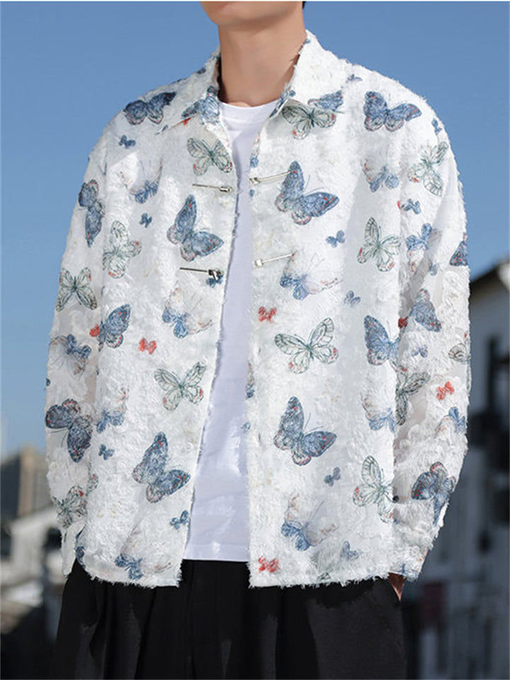Men's Vintage Butterfly embroideried Long Sleeve Shirt