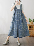 Women's Casual Blue Printed Sleeveless Strappy A-Line Demin Dress