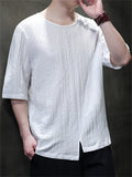 Men's Chinese Style Solid Color Asymmetric Hem Short Sleeve Shirts