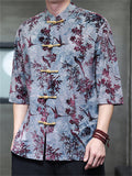 Chinese Style Print Frog Button Half Sleeve TangSuit Shirt for Men
